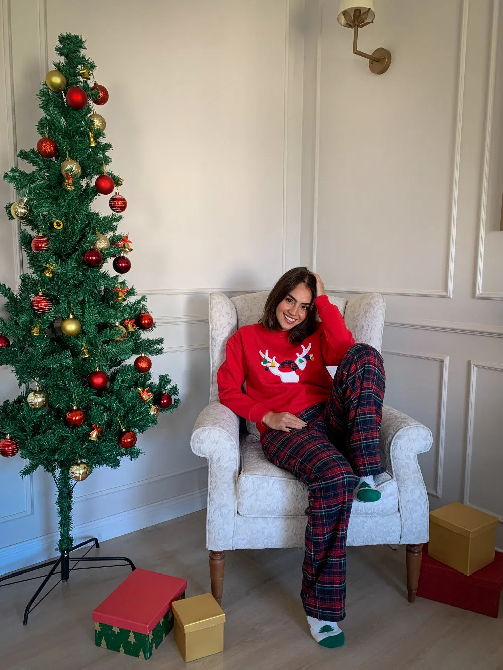Women Winter Pajama Set Red deer Hoodie   Dark Blue x Red Checkered Pants